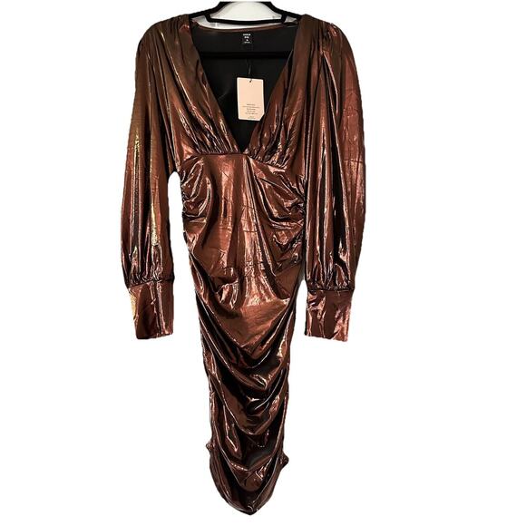 SHEIN BAE Rynkad Enkel Party Dress Size XS Golden Brown Ruched Metallic Dress - Picture 3 of 5